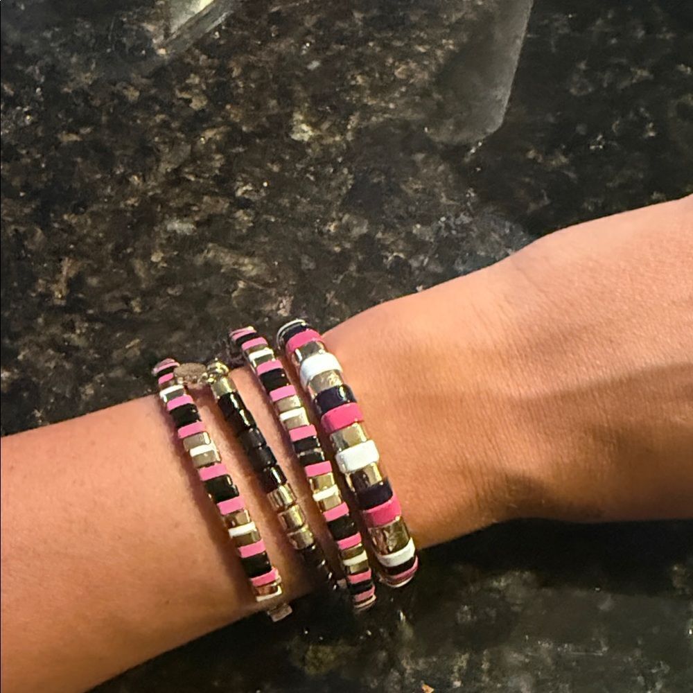 Pink & Black Beaded Bracelet Set of 4 NEW - 2 Stretch 2 Adjustable Cuff Beaded
